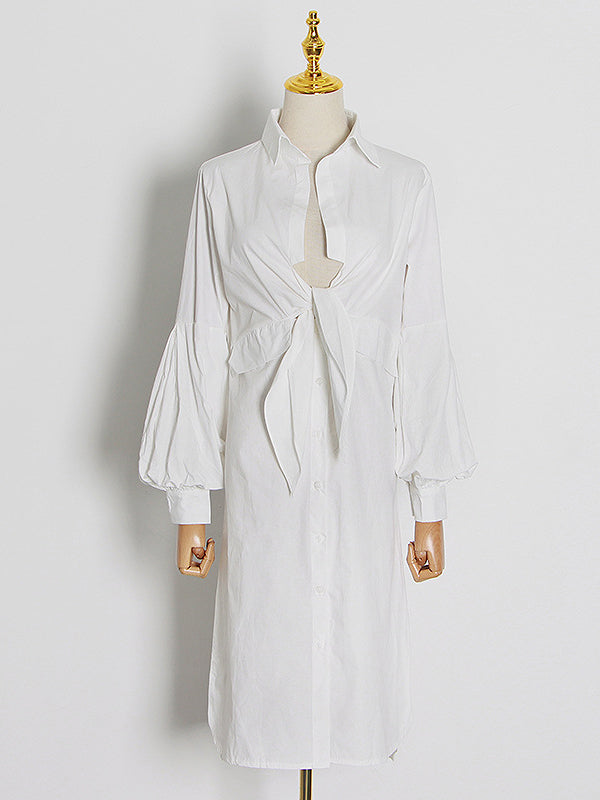 Simple Flared Sleeves Loose Solid Color Lapel Collar Midi Dresses