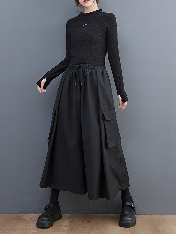 Simple Loose Wide Leg Drawstring Solid Color Casual Pants Bottoms