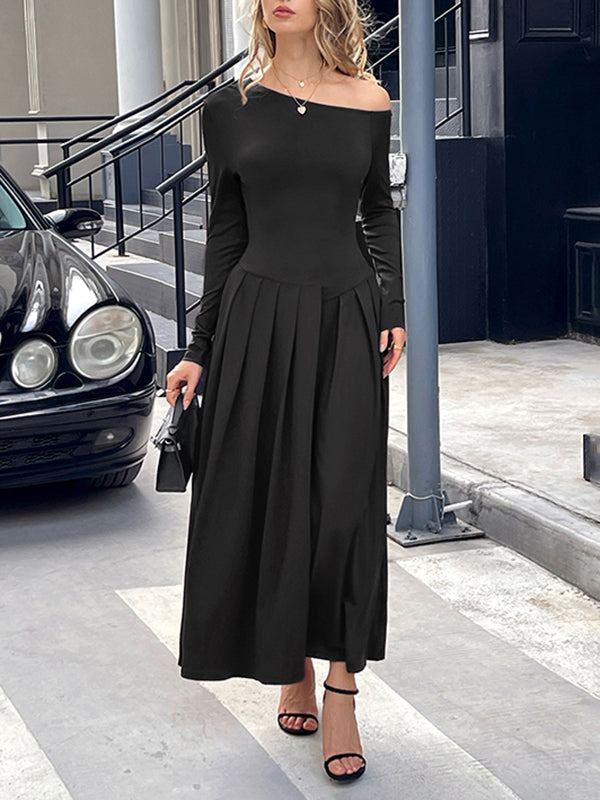 Pleated Solid Color Split-Front High Waisted Long Sleeves One-Shoulder Maxi Dresses