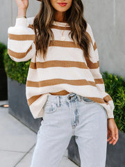 Striped Long Sleeves Loose Round-Neck Sweater Tops Pullovers Knitwear