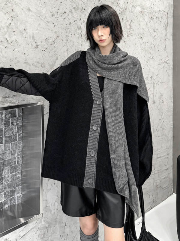 Buttoned Contrast Color Reversible Split-Joint Long Sleeves Loose Collarless Outerwear Cardigan Tops