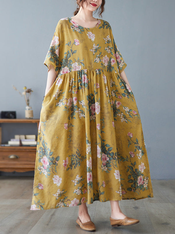 Artistic Retro Loose Original Floral Printed Pleated Midi Dress