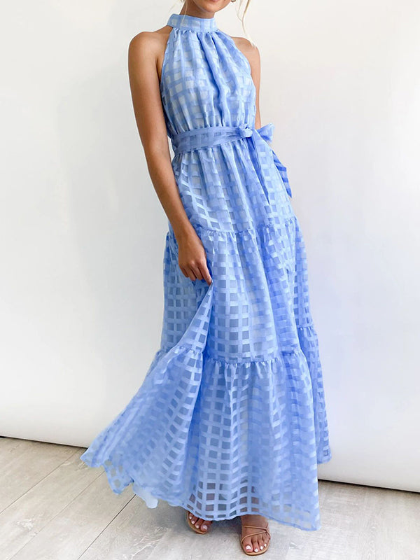 Plaid Ribbed Loose Sleeveless Stand Collar Maxi Dresses