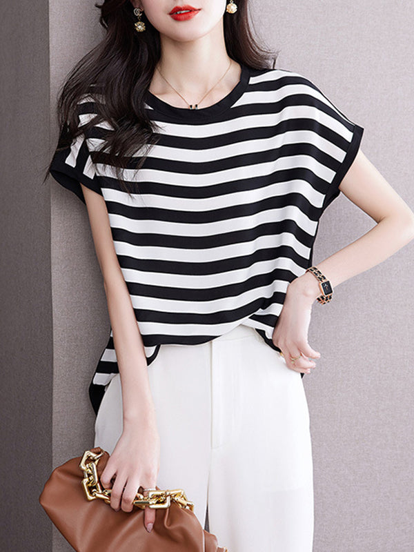 Contrast Color Striped Loose Plus Size Round-Neck T-Shirts
