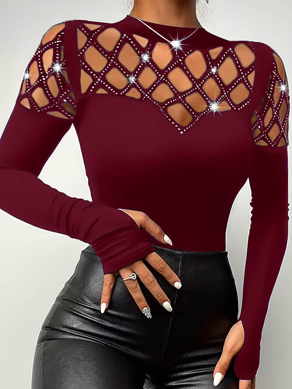 Hollow Rhine Stones Long Sleeves Skinny Mock Neck T-Shirts Tops