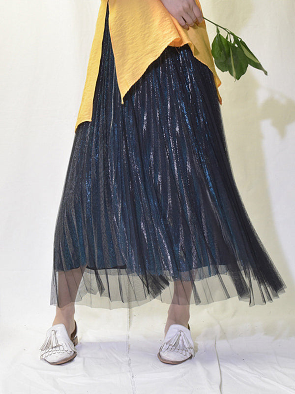 Urban A-Line Elastic Waist Mesh Pleated Skirts