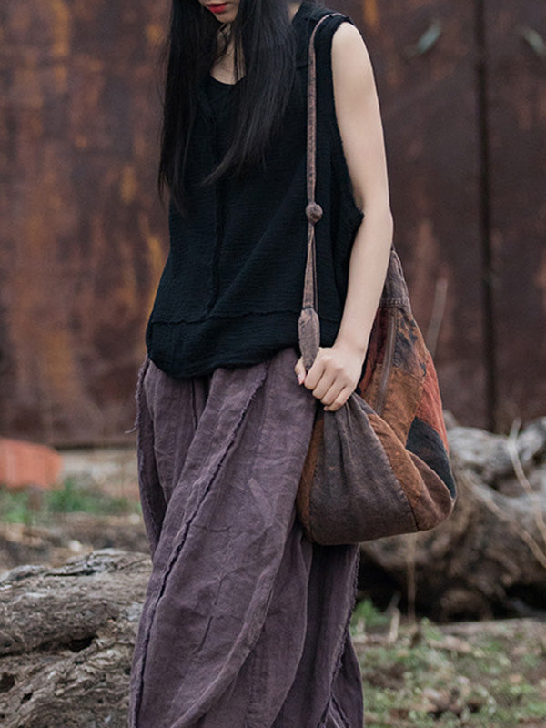 Fringed Pleated Solid Color Split-Joint Loose Sleeveless V-Neck Vest Top