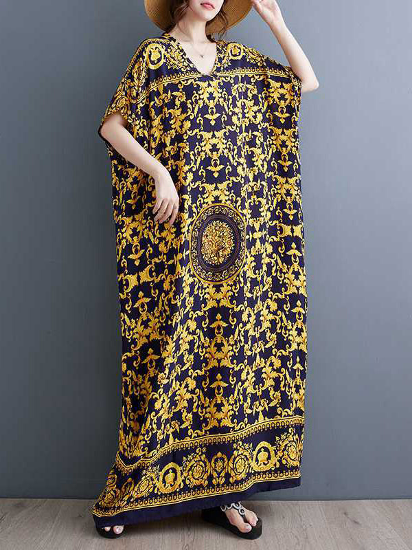 Printed A-Line Batwing Sleeves V-Neck Maxi Dresses