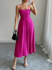 Backless Pleated Solid Color A-Line High Waisted Spaghetti-Neck Midi Dresses