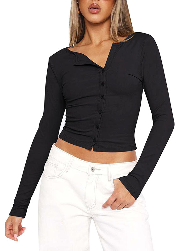 Solid Color Split-Joint Long Sleeves Skinny Round-neck T-Shirts Tops