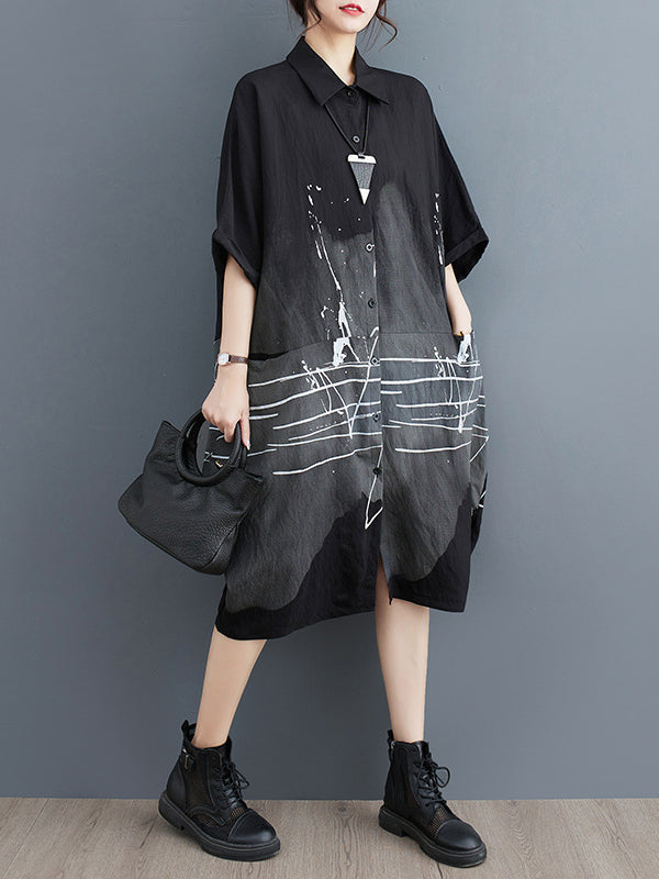Pockets Printed Half Sleeves Loose Lapel Midi Dresses