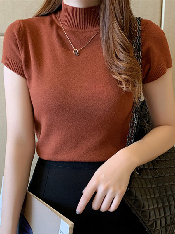 High-Neck Solid Color Short Sleeve Kintwear