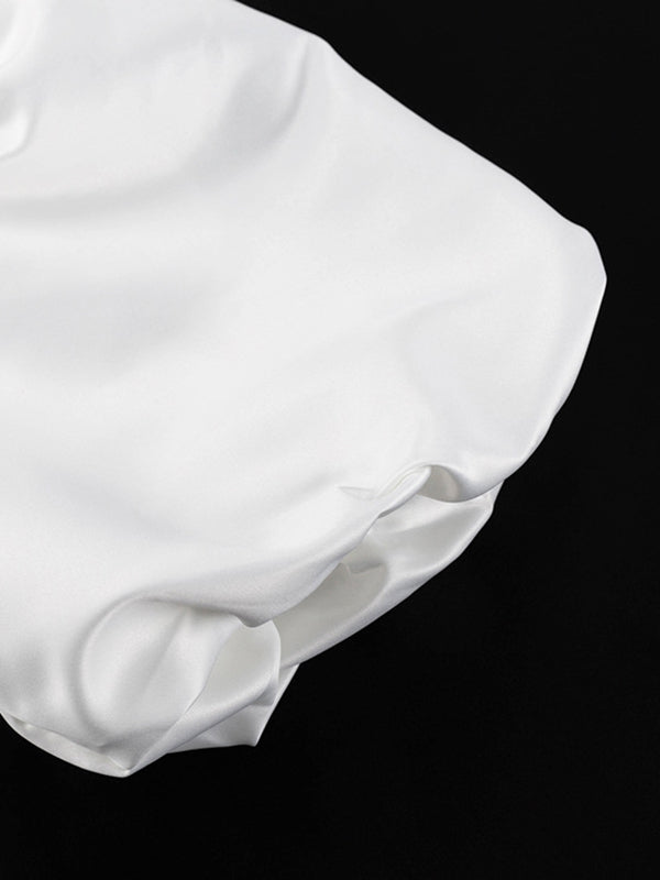 Hollow Solid Color Split-Joint Loose Puff Sleeves Round-neck Blouses