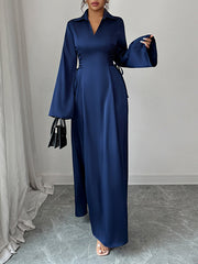 Solid Color Tied Flared Sleeves High Waisted Lapel Maxi Dresses