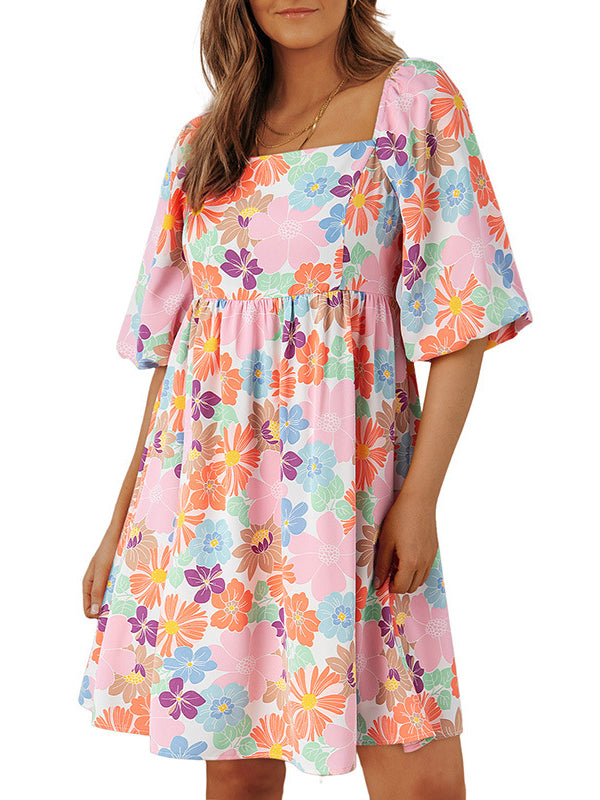Elasticity Flower Print Pleated Split-Joint Zipper A-Line High Waisted Square-Neck Mini Dresses