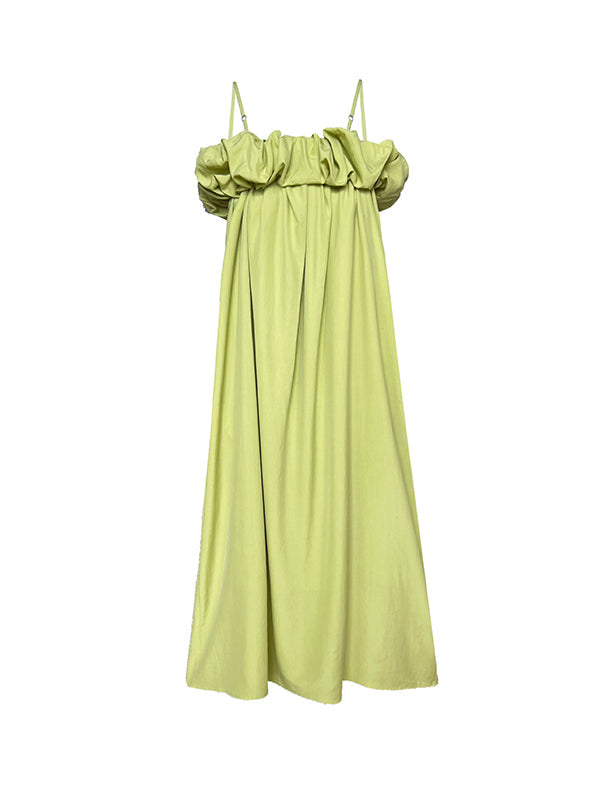 Elasticity Pleated Solid Color Split-Joint Loose Sleeveless Off-The-Shoulder Maxi Dresses
