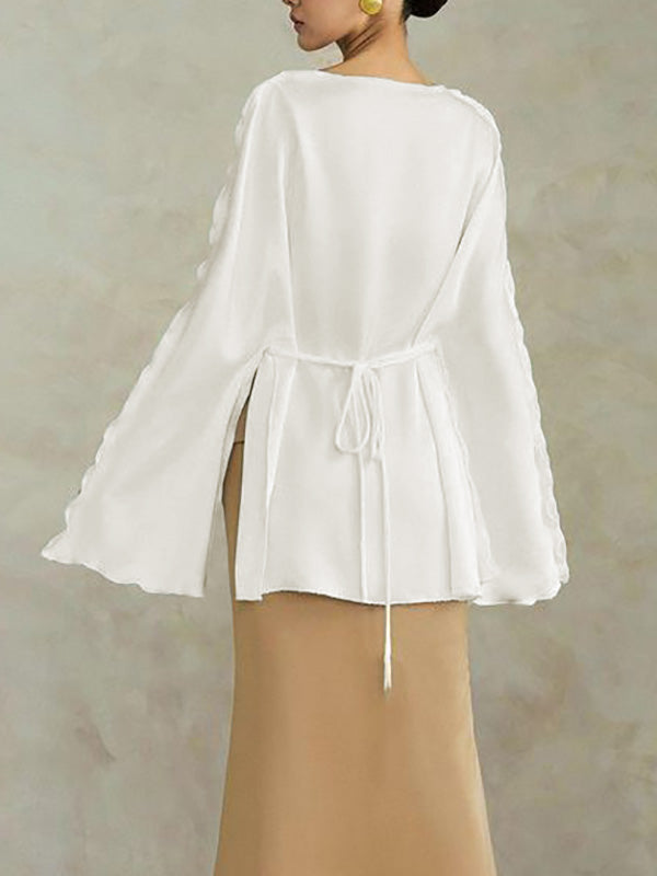 Solid Color Split-Joint Tied Flared Sleeves Long Sleeves Round-neck T-Shirts Tops