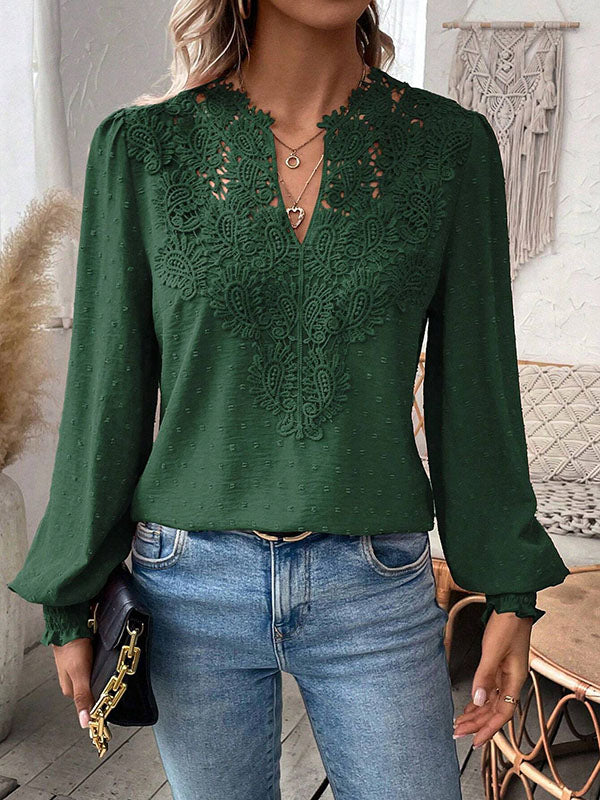 Elasticity Hollow Jacquard Solid Color Split-Joint Loose Puff Sleeves V-Neck Blouses&Shirts Tops