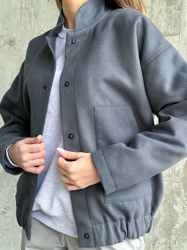Buttoned Elasticity Pockets Solid Color Split-Joint Long Sleeves Loose Stand Collar Outerwear Jackets
