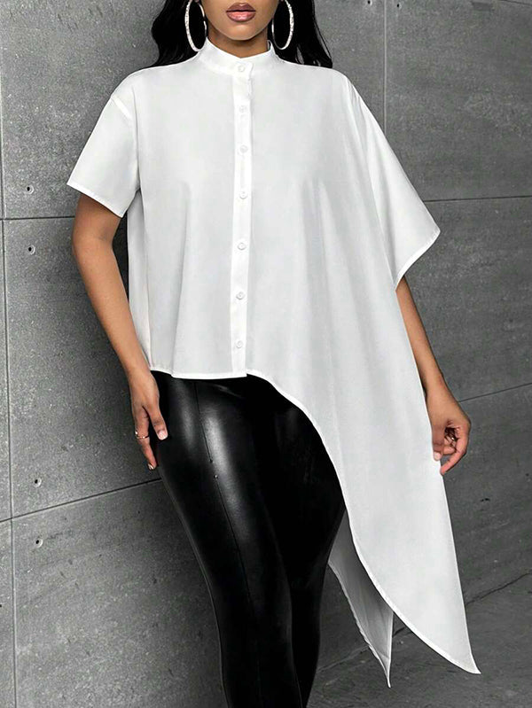 Asymmetric Buttoned Solid Color Half Sleeves Loose Mock Neck Blouses&Shirts Tops