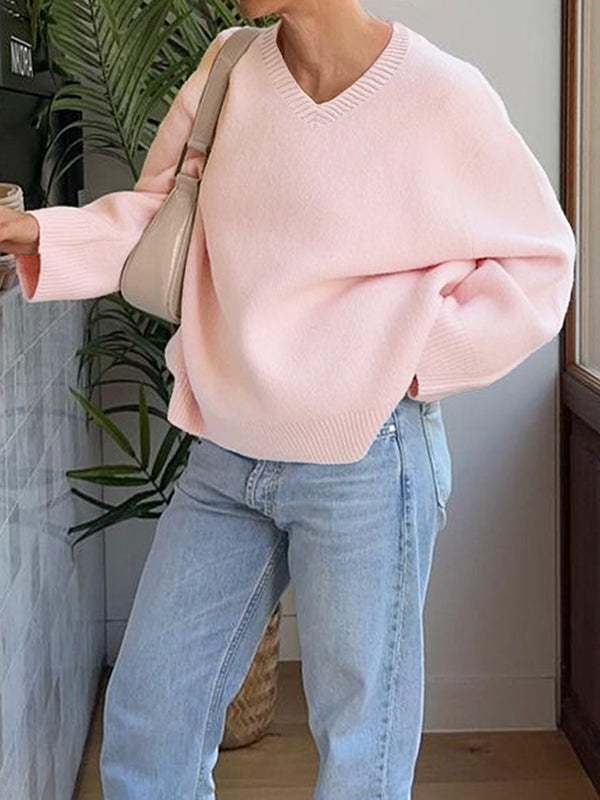 Ribs Solid Color Long Sleeves Loose V-Neck Sweater Tops