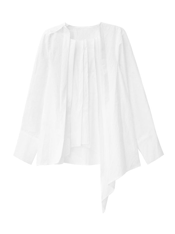 Asymmetric Pleated Solid Color Hipster Irregularity Round-Neck Blouses&Shirts Tops