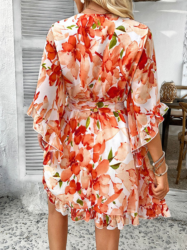 Flower Print Ruffle Trim Split-Joint Tied Waist Flared Sleeves Half Sleeves V-Neck Mini Dresses