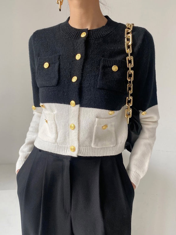 Buttoned Contrast Color Long Sleeves Round-Neck Cardigan Tops