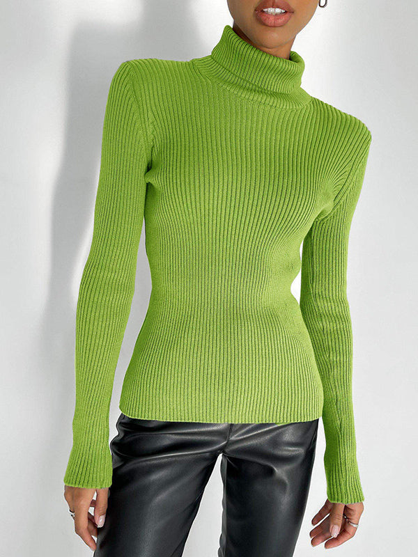 Long Sleeves Skinny Solid Color High Neck Pullovers Sweater Sweater Tops
