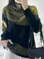 Contrast Color Long Sleeves Loose High Neck Sweater Tops Pullovers