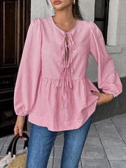 Elasticity Pleated Striped Tied Long Sleeves Loose Round-Neck Blouses&Shirts Tops