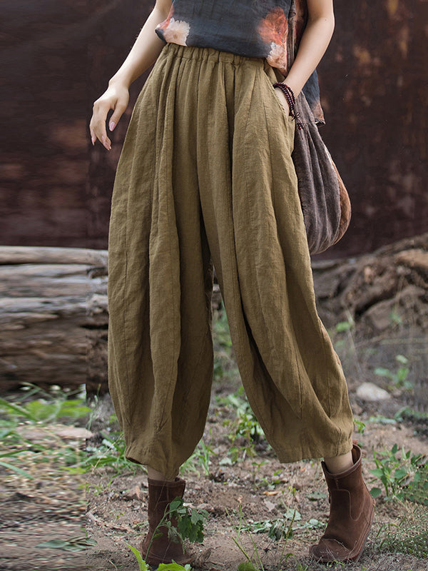 Elasticity Pleated Pockets Solid Color Split-Joint Bloomers Loose Casual Pants Bottoms