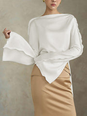 Solid Color Split-Joint Tied Flared Sleeves Long Sleeves Round-neck T-Shirts Tops
