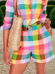 Loose Wide Leg Elasticity Rainbow Plaid Split-Joint Shorts Bottoms