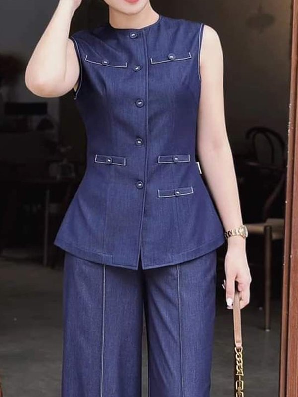 Buttoned Pockets Solid Color Loose Sleeveless Round-Neck Vest Top