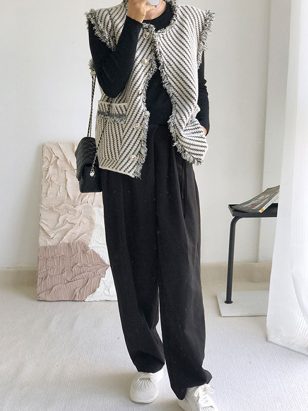 Buttoned Fringed Pockets Striped Loose Sleeveless V-Neck Vest Outerwear