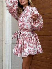 Pleated Printed Split-Joint Tied Waist Loose Puff Sleeves Stand Collar Mini Dresses