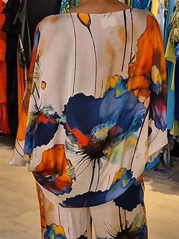 Printed Split-Joint Batwing Sleeves Loose Round-neck Blouses&shirts Tops