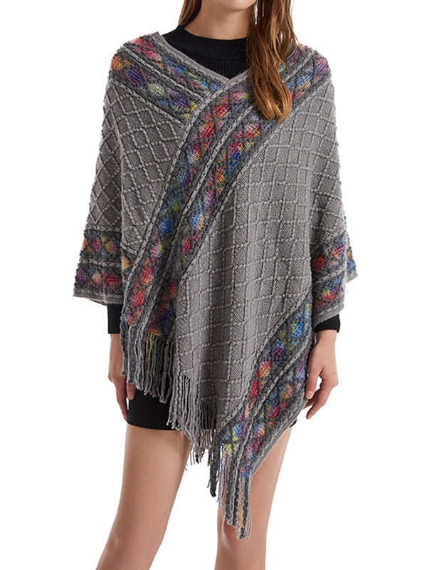 Asymmetric Tasseled Loose V-Neck Shawl&Cloak Cape