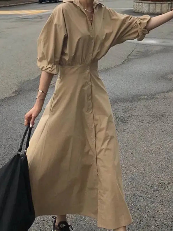 Pleated Solid Color Split-Joint Loose Puff Sleeves Lapel Shirt Dress Maxi Dresses