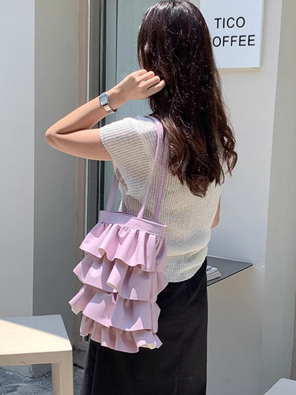 Layered Pleated Pockets Solid Color Zipper Handbags