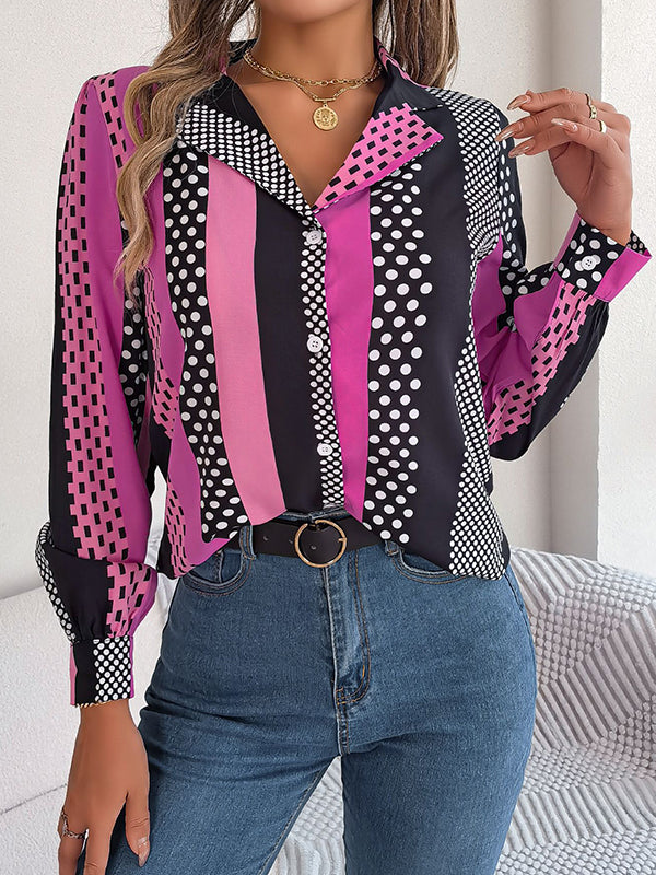 Buttoned Contrast Color Polka-Dot Long Sleeves Notched Collar Blouses&Shirts Tops