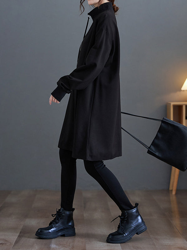 Asymmetric Split-Joint Zipper A-Line Long Sleeves Mock Neck Sweatershirt Mini Dresses