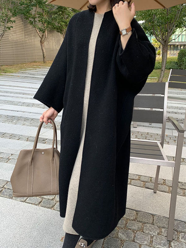 Solid Color Long Sleeves Loose Collarless Woolen Coat