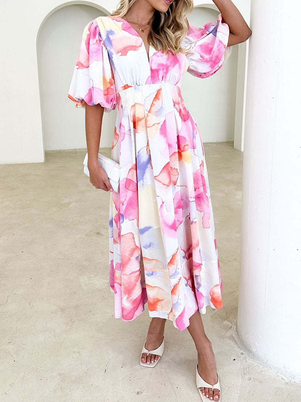 Flower Print Pleated Split-Joint Zipper A-Line High Waisted V-Neck Maxi Dresses