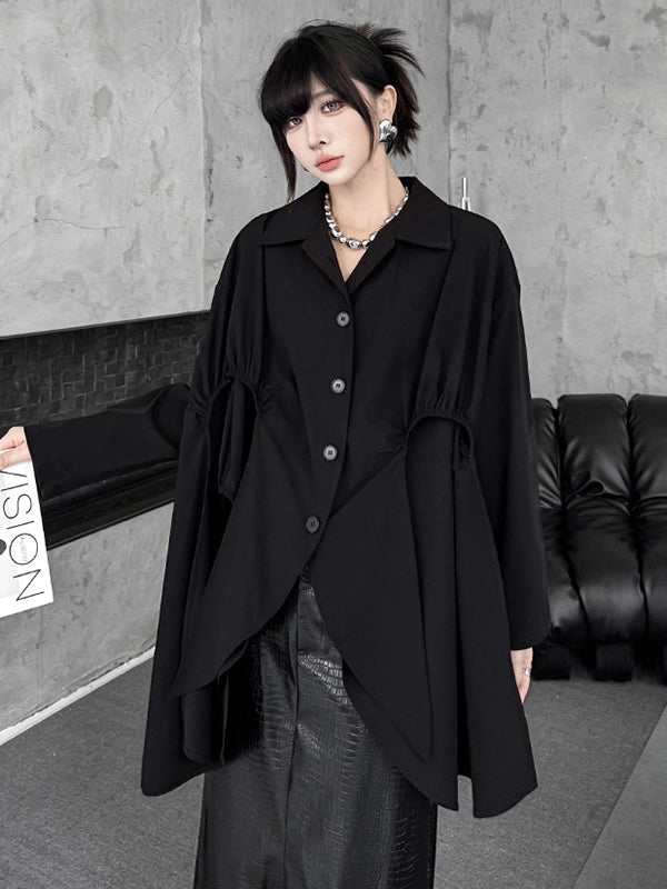 Buttoned Pleated Solid Color Split-Joint High-Low Irregularity Shirt Collar Blouses&Shirts Tops