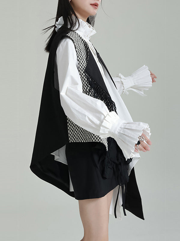Asymmetric Buttoned Houndstooth Ruffle Sleeves Sleeveless Vest Outerwear