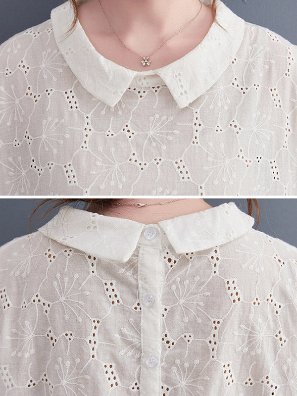 Loose 3 Colors Embroidered Hollow Lapel Collar Long Sleeves T-Shirt