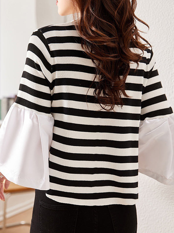 Pleated Split-Joint Striped Flared Sleeves Long Sleeves Round-neck T-Shirts Tops