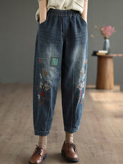 Vintage Loose Embroidered Elasticity Harem Jean Pants Bottoms